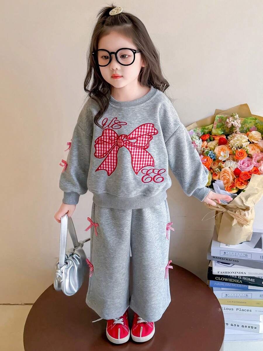 Girls Cute Casual Pullover Set, Girls Loose Fit Sweatshirt Two Pieces Outfit With Bow Decor, Spring/Autumn
