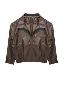 Women's Casual Loose Fit Drop Shoulder Long Sleeve Brown PU Jacket, Suitable For Spring And Autumn