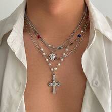 Gold Layered Cross Necklaces For Women, Stack Choker Vintage Pendant Cross Rhinestone Stacking Virgin Mary Necklace Dainty Waterproof Non Tarnish Summer Beachy Jewelry Gifts - 男士項鍊 - 查看 2