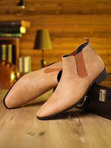 Men's Suede Chelsea Ankle Boots, Elastic Side Panels Back Pull Tab Non-Slip Wear-Resistant Sole Comfortable Business Casual Dress Boots For Daily Commute, Office Work, Fall Winter Wear And Formal & Casual Occasions - 淺棕色 - 查看 2