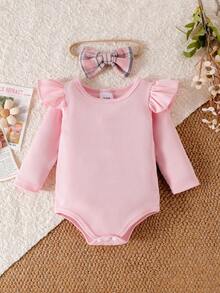 Conjunto elegante y dulce de 3 piezas para niña bebé: Mono con volantes en rosa, falda a cuadros rosas con decoración de lazo, y diadema con lazo