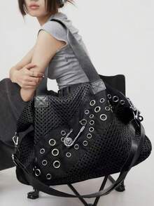 Y2K街头个性女士尼龙拼接单肩包大容量铆钉针装饰斜挎包拉链开合，纯色，时尚日常单肩包多档分离可拆卸肩带女士钱包非常适合日常使用，聚会派对，通勤旅行是一份超有品味的节日时尚心形礼物 - 黑色 - 查看 1