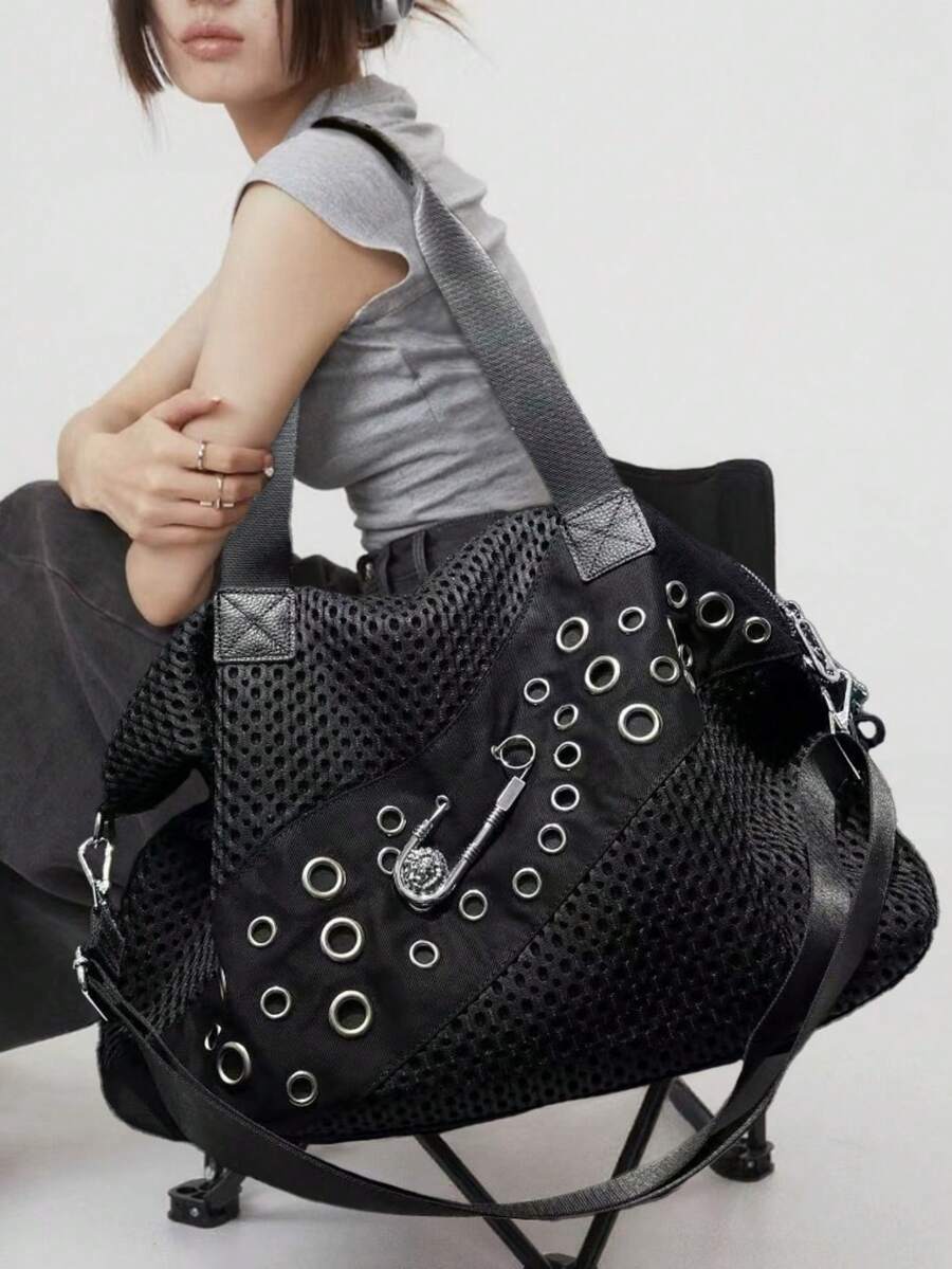 Y2K街头个性女士尼龙拼接单肩包大容量铆钉针装饰斜挎包拉链开合，纯色，时尚日常单肩包多档分离可拆卸肩带女士钱包非常适合日常使用，聚会派对，通勤旅行是一份超有品味的节日时尚心形礼物 - 黑色 - 查看 1
