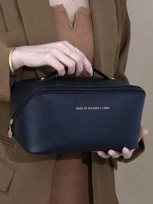 1pc PU Leather Waterproof Makeup Bag, Cosmetic Organizer Pouch, Lightweight Toiletry Bag, Waterproof PU Skincare Bag, Large Capacity Double Layer Makeup Bag With Compartments, Cosmetic Travel Bag