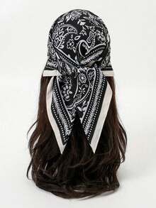 1 Pc Simple Print 70 Square Scarf, Women Bandana Style Waist Tie Accessory Or Wrap, Fashionable Scarf Women, Spring Dress - Đen và trắng - Xem 11
