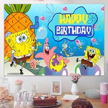 SPONGEBOB 1pc SpongeBob Birthday Backdrop, Holiday Party Decorations, Scene Setup Props, Cartoon SpongeBob Birthday Banner, Party Decorations, Birthday Backdrop