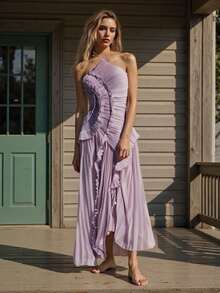 Vestido halter con volantes para mujer, sin mangas, color liso, largo y fluido, vestido de verano de corte A - Morado - Ver 4