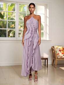 Vestido halter con volantes para mujer, sin mangas, color liso, largo y fluido, vestido de verano de corte A - Morado - Ver 6