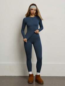 PinkTip Women's Solid Color Seamless Stretchy Long Sleeve & Long Pants Activewear Set, Butt Lifting Slim Fit Soft Workout Tracksuit For Daily Casual, Fitness, Running, Yoga, Pilates - 藍色 - 查看 4