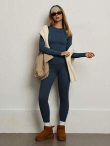 PinkTip Women's Solid Color Seamless Stretchy Long Sleeve & Long Pants Activewear Set, Butt Lifting Slim Fit Soft Workout Tracksuit For Daily Casual, Fitness, Running, Yoga, Pilates - 藍色 - 查看 3
