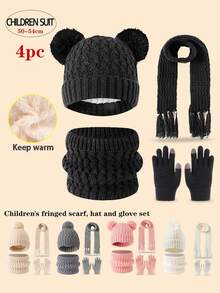Conjunto de 4 piezas de gorro/bufanda/guantes de punto para niños, atuendo de invierno grueso y cálido, moda minimalista y linda, adecuado para niños de 3 a 12 años para actividades al aire libre como senderismo/esquí y uso diario en invierno