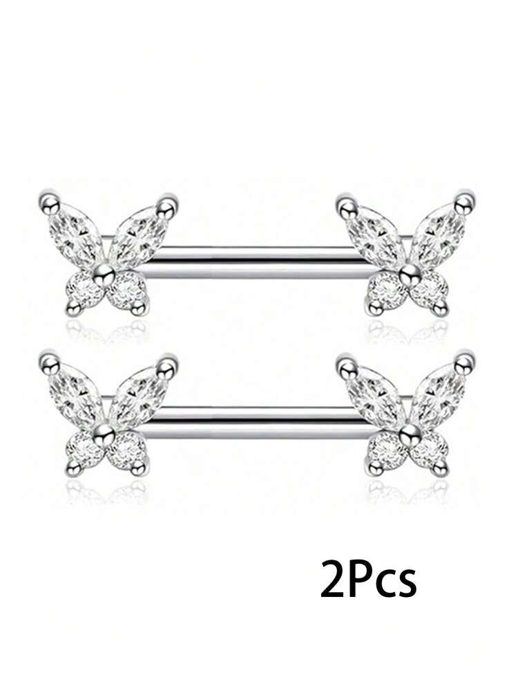 2Pcs Butterfly Nipple Piercing Stick, Couples Fashionable Romantic Cute Nipple Ring, With Zirconia Butterfly End External Thread Chest Ring Nipple Piercing Gift - Multicolor - View 13