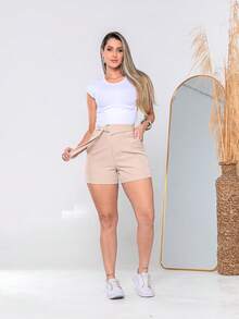 shortes feminina Simples com Bolso e Com cinto de tecido, Zíper Férias e Praia   S780 - Bege - Visão 5