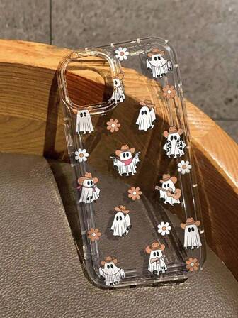 1 pièce Étui de téléphone à coussin d'air transparent avec fleur blanche fantôme en denim créatif pour Halloween, en matériau TPU, convient comme cadeau de fête pour Apple XS/XS Max/XR/11 12 13 14 15 16 Pro/Pro Max/14 15 16 Plus et autres modèles de téléphone, housse de protection