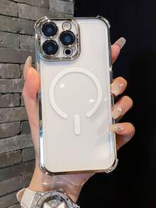 磁吸式（带镜头保护膜）1个电镀四角防摔新款手机壳，兼容苹果17 Pro Max/16 Pro Max/15/14 Pro/13/12/11/XR/XS Max/8、三星Galaxy S25系列、S24系列、S23系列、S22系列、A05、A35、A55保护套，国际版，非国内版 - 銀色 - 查看 2