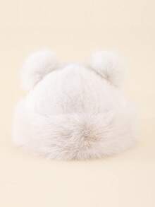 1pc Women's Fluffy Double Ball Bear Ear Shaped Beanie Hat, Warm And Suitable For Autumn/Winter Everyday Wear And Outings