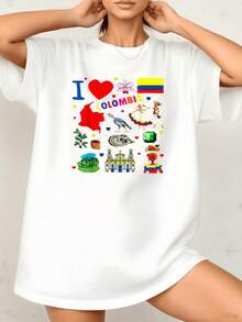 Colombia Travel Women's Casual TShirt 220g Souvenir 100% Cotton Tee 1Pcs Retro Inspired Graphic Print T Shirt - 白色 - 查看 1