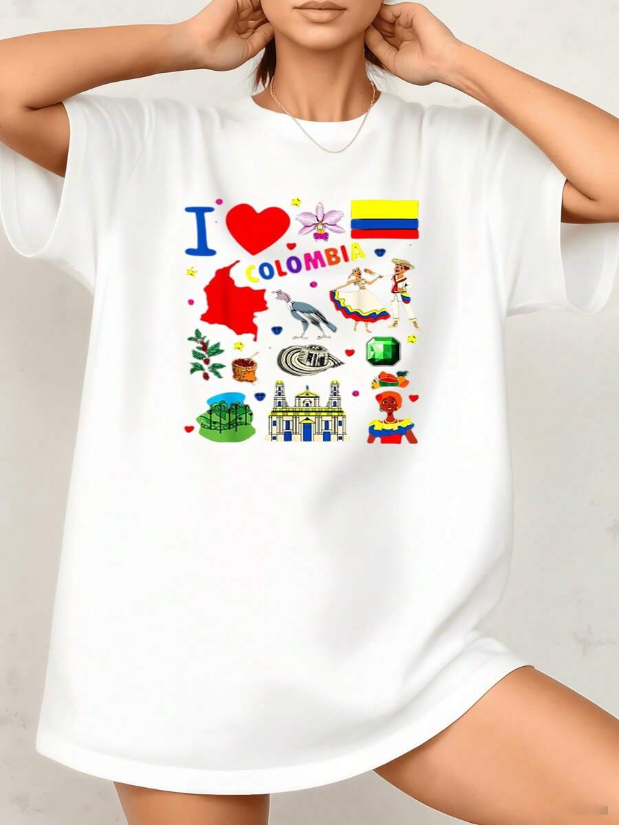 Colombia Travel Women's Casual TShirt 220g Souvenir 100% Cotton Tee 1Pcs Retro Inspired Graphic Print T Shirt - 白色 - 查看 1
