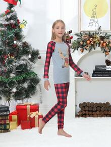 Girls Gingham Raglan Sleeve Christmas Print 1 Top & 1 Trousers PJ Set - Multicolor - View 5