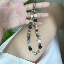 1pc Retro Brown Leopard Print Cat Beaded Phone Lanyard, Short Phone Case Wrist Strap Charm Bead Chain Necklace Camera Hanging Accessory For Women