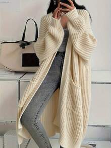 Cárdigan de punto de corte relajado, largo hasta la rodilla, para mujer, otoño/invierno Cárdigan de punto versátil, holgado, de manga larga - Albaricoque - Ver 1