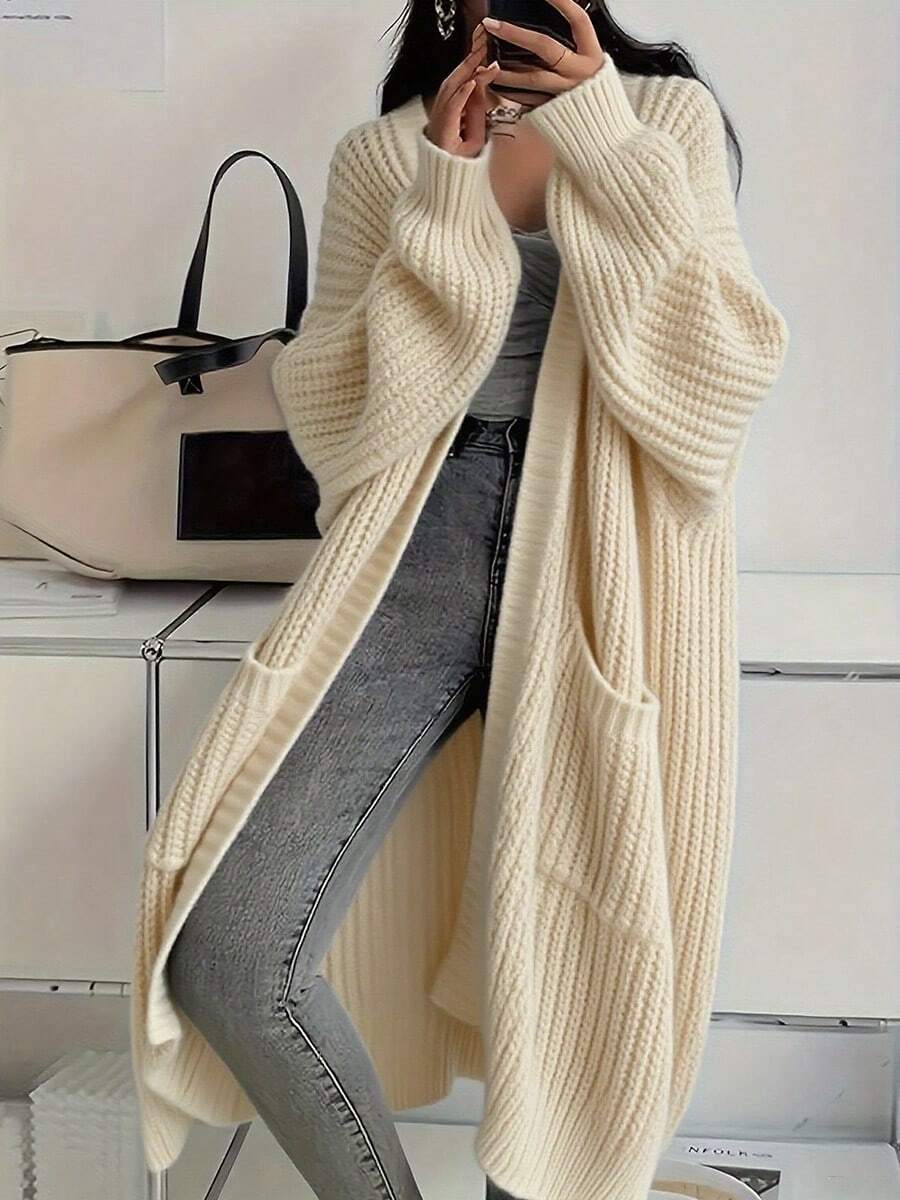 Cárdigan de punto de corte relajado, largo hasta la rodilla, para mujer, otoño/invierno Cárdigan de punto versátil, holgado, de manga larga - Albaricoque - Ver 1