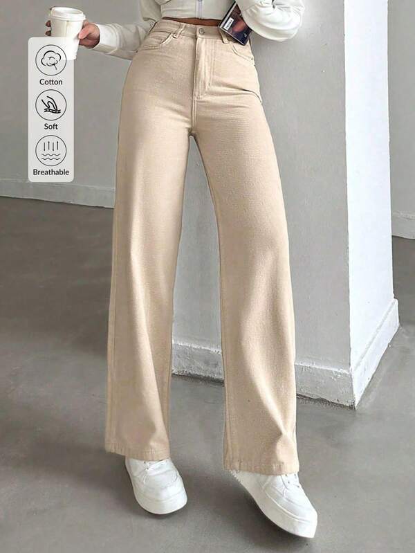 Damen Leinenhose mit hoher Taille und weitem Bein, einfarbig mit Taschen, Reißverschluss und Knopfverschluss, Freizeitkleidung