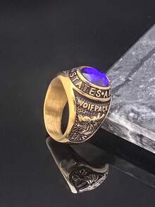 高品质手工18K镀金男士316不锈钢蓝宝石毕业戒指 - 藍色 - 查看 2