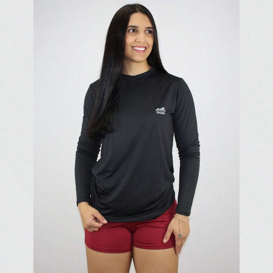 Women's Shirt UV+50 Sun Protection Long Thermal Second Skin T-Shirt Winter And Summer Fashion Beach Pool - màu đen - Xem 1