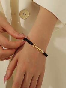 Personalized Couple Name Bracelet, Unique Jewelry, Adjustable Stainless Steel Name Plate Bracelet, Friendship Gift, Handmade Woven Couple Bracelet, Minimalist Design, Durable Woven Strap, Perfect For Valentine's Day, Romantic Gift - Multicolor - View 2