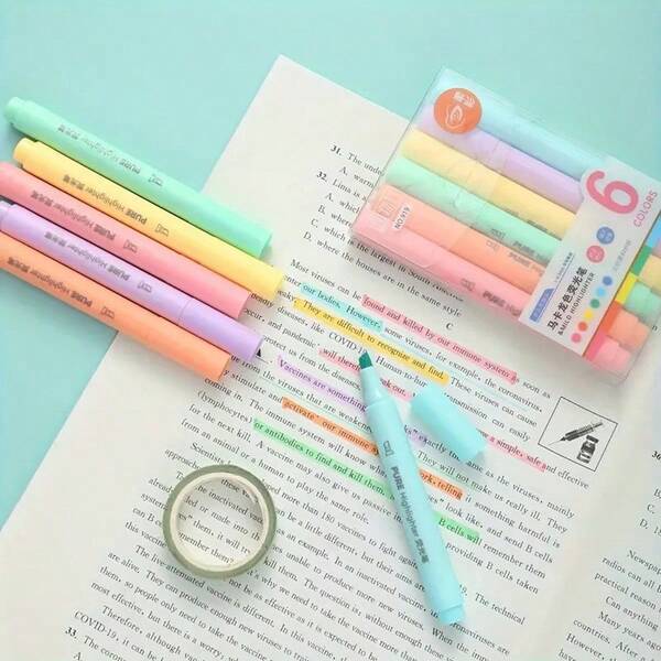 6 pièces/set Surligneurs pastel - Pointe biseautée, sans bavure, en matière plastique, convient pour le bureau, l'école et les cadeaux, cadeau d'Halloween, cadeau de Noël