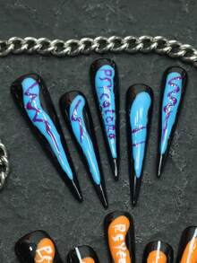 CrystalHola 10 unhas decoradas com listras longas em formato de gota d'água, pintadas à mão, acabamento brilhante em halo, tipo pérola, reutilizáveis, adequadas para festivais de música, festas e Natal. É a nail art preferida de meninas e mulheres. - Multicolorido - Ver 4