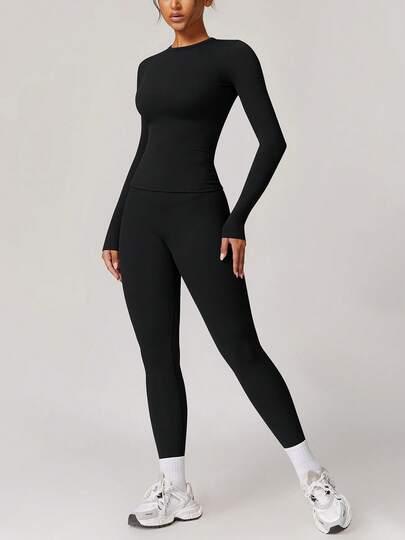 NcmRyu 1 Set Women's Elastic Tight-Fitting Minimalist Round Neck Lifting Shaping Sexy Fitness Yoga Outdoor Sports Suit