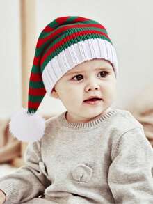 1 pieza Gorro de Navidad con rayas rojas y verdes para niños y niñas para usar a diario y en Navidad; Gorro de Navidad para niños; Gorro de Navidad para bebés