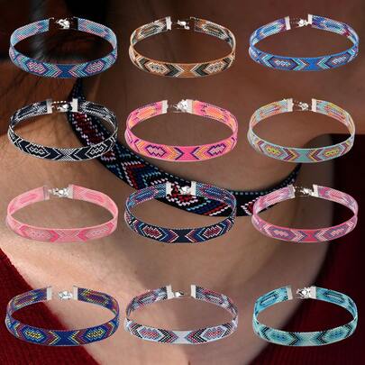 Set Of 12 Bohemian Style Friendship Necklaces With Braided Patterns And Rope Collars