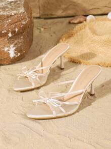 On feet& in love 女士时尚优雅网纱蝴蝶结露趾高跟凉拖鞋，适合夏季搭配连衣裙 - 杏色 - 查看 4