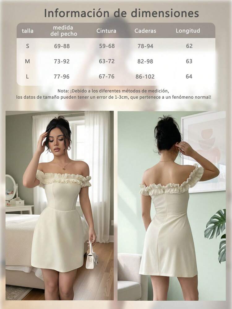 Vestidos de mujer con hombros descubiertos  Vestidos sencillos de mujer  Vestidos sin mangas de mujer Vestidos cortos elegantes y lisos Vestidos mini con hebilla en la cintura Vestidos con volantes  Vestidos mini ajustados  Vestidos sin tirantes  Vestidos sin espalda Vestidos casuales sencillos  Vestidos color marfilVestido mini ajustado de mujer con hombros descubiertos, liso y volantes  Vestido mini informal festivo de corte A con top de tubo y volantes en el busto - Albaricoque - Añade 8