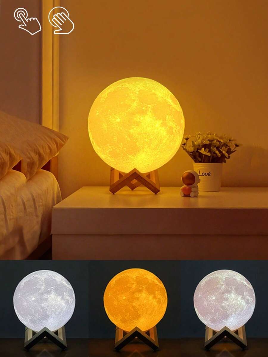 1个三色3D月球灯，USB充电式夜月氛围灯，触摸+轻触控制，卧室床头充电灯，带支架，浪漫小夜灯，生日礼物（送给朋友和爱人） - 彩色 - 查看 1