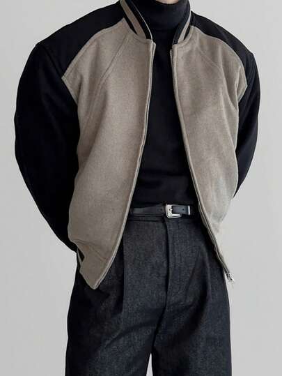 Men's Autumn/Winter Fashion Casual Windproof Wool Blend Colorblock Baseball Jacket, Essential For Daily Commute Outfit, Custom Ribbed Patchwork Design, Great Gift