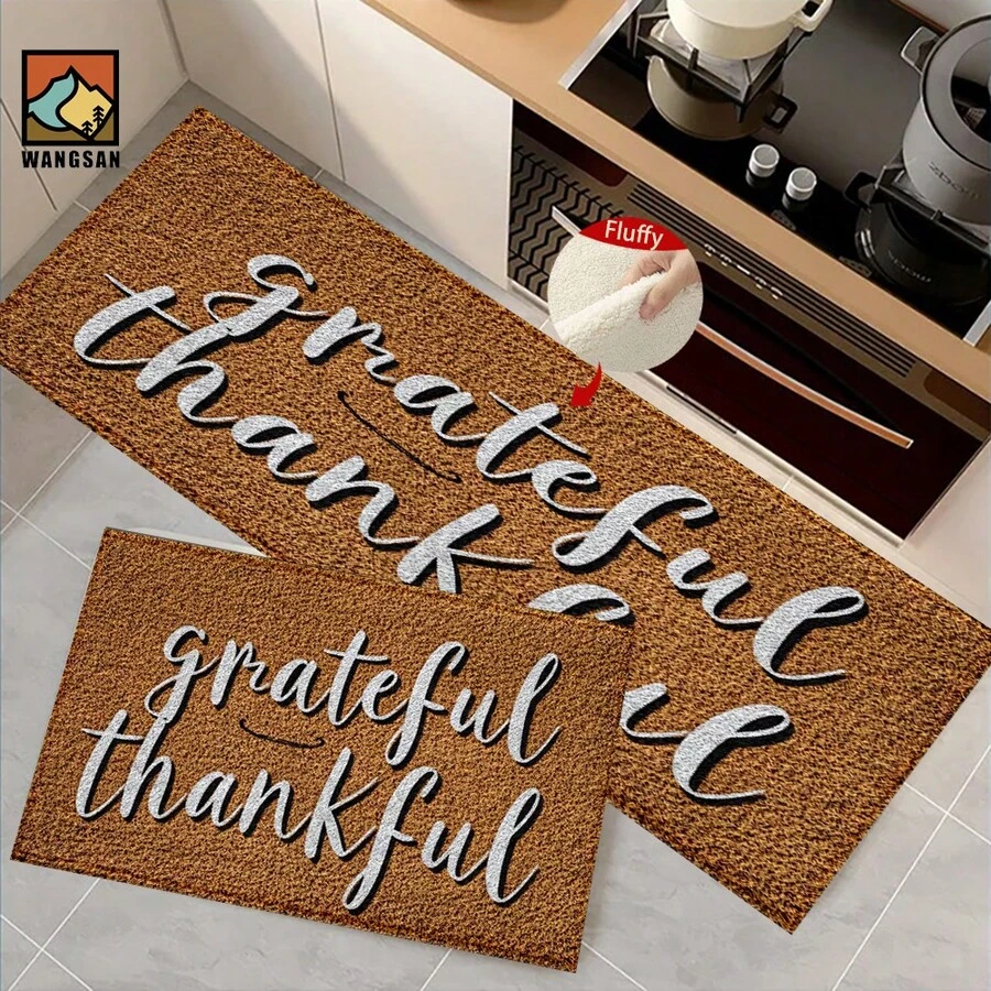 1pc/2pcs Grateful Thankful Pattern Bathroom Anti-Slip Mat, Faux Cashmere Material, Plush Decoration Suitable For Bathrooms, Doorways, Kitchens & Festive Decorations, Machine Washable, Gift Idea - Multicolor - View 1