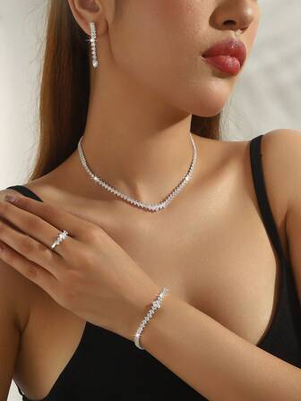 1 Set de Joyería de Circonita Cúbica que incluye Aretes, Collar, Pulsera, Anillo, 4 piezas de Accesorios de Piedras Preciosas para Mujer Adecuados para Fiesta, Gala, Noche, Regalo de Cumpleaños para Ella