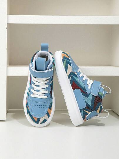 1 双儿童中帮运动鞋，几何图案设计，透气舒适，适合室内/室外，休闲跑步，易穿脱，轻便防滑，时尚男女通用运动鞋