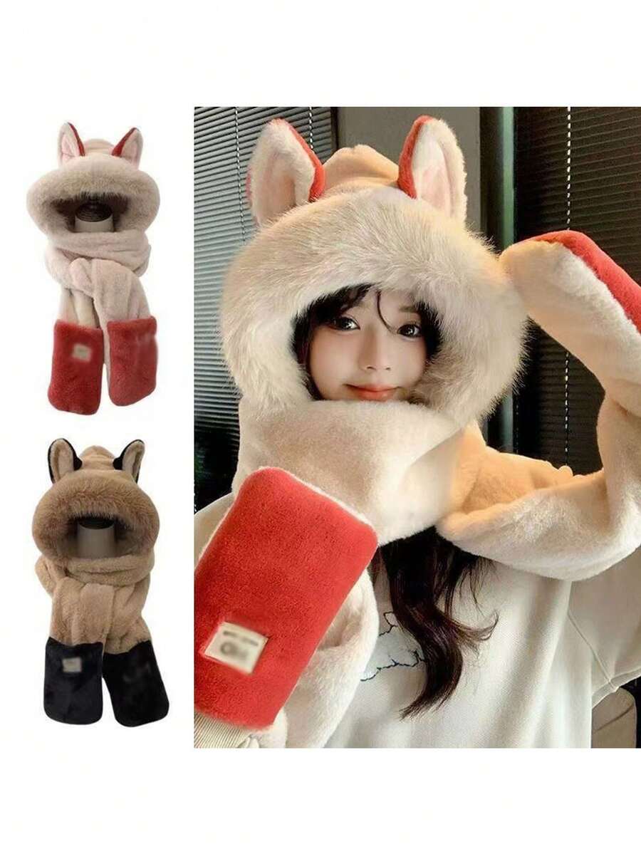 三件套：冬季保暖毛绒狐狸耳朵帽、围巾和面罩，防风保暖，适合骑行 - 彩色 - 查看 1