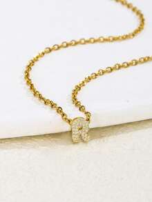 1pc Titanium Steel Cubic Zirconia Letter Necklace, Fashionable & Elegant Letter Clavicle Chain Jewelry, Suitable For Daily Wear - Gold - View 3