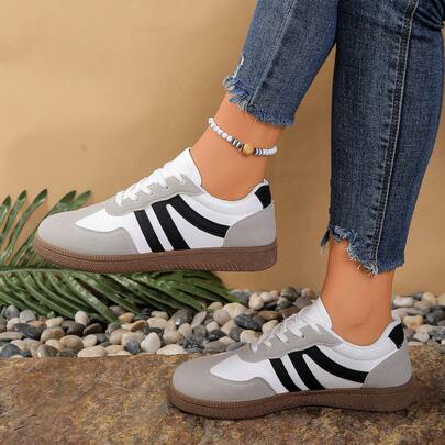 2026 Nuevos tenis casuales planos para mujer, con punta redonda y cordones, versátiles para exteriores, ligeros, de primavera/otoño, fáciles de limpiar, zapatos casuales de suela plana y baja, zapatos deportivos casuales con bloques de color, zapatos vulcanizados de estilo retro, de moda para todas las estaciones