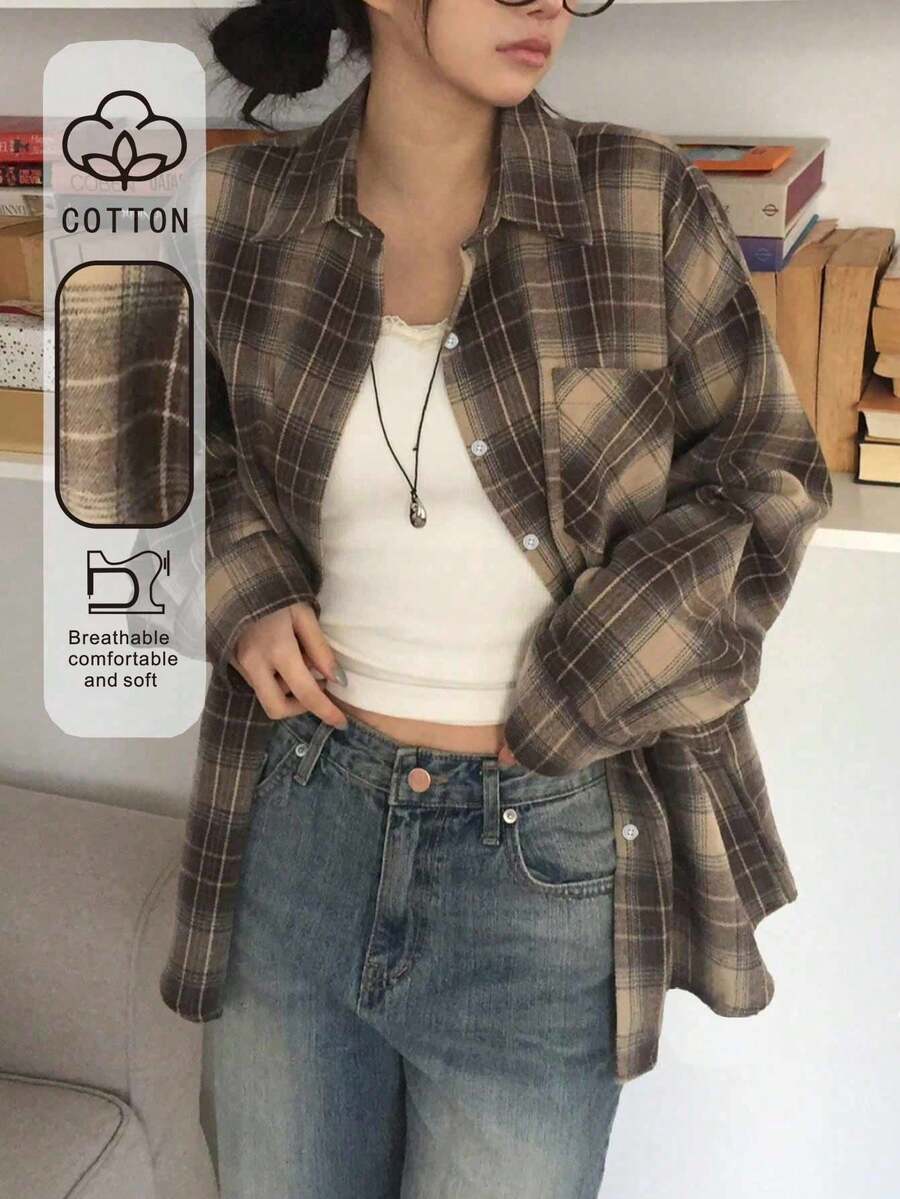 女士秋冬新品畅销休闲复古舒适棉质格子长袖外套 - 咖啡棕 - 查看 1