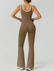 NcmRyu 1 Set Women's High Elasticity Contrast Color V-Neck Waist Slimming Tank Top And Leggings Sexy Butt Lifting Fitness Outfit Summer - 棕色 - 查看 5