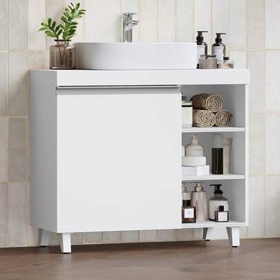 HEXCELEN Vanity Unit, Bathroom Cabinet With 1 Door And 3 Open Compartments, Base Cabinet With Adjustable Shelves, Freestanding Vanity Unit, 30 X 70 X 64 Cm, White