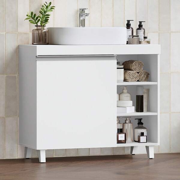 HEXCELEN Móvel de toucador, móvel de casa de banho com 1 porta e 3 compartimentos abertos, armário de base com prateleiras ajustáveis, móvel de toucador independente, 30 x 70 x 64 cm, branco