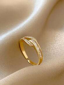 1 pieza Anillo de cobre chapado en oro de 18K con circonita, estilo coreano único - Amarillo Oro - Ver 1